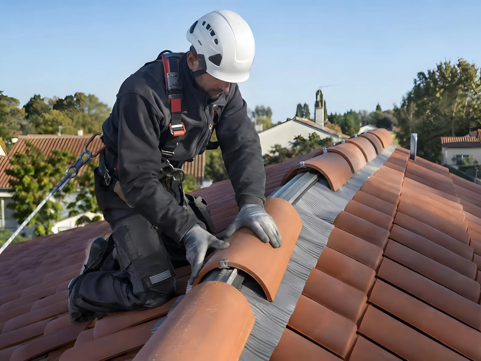Couvreur casqué, harnaché, qui pose les tuiles de faîtage sur un toit de tuiles orangées